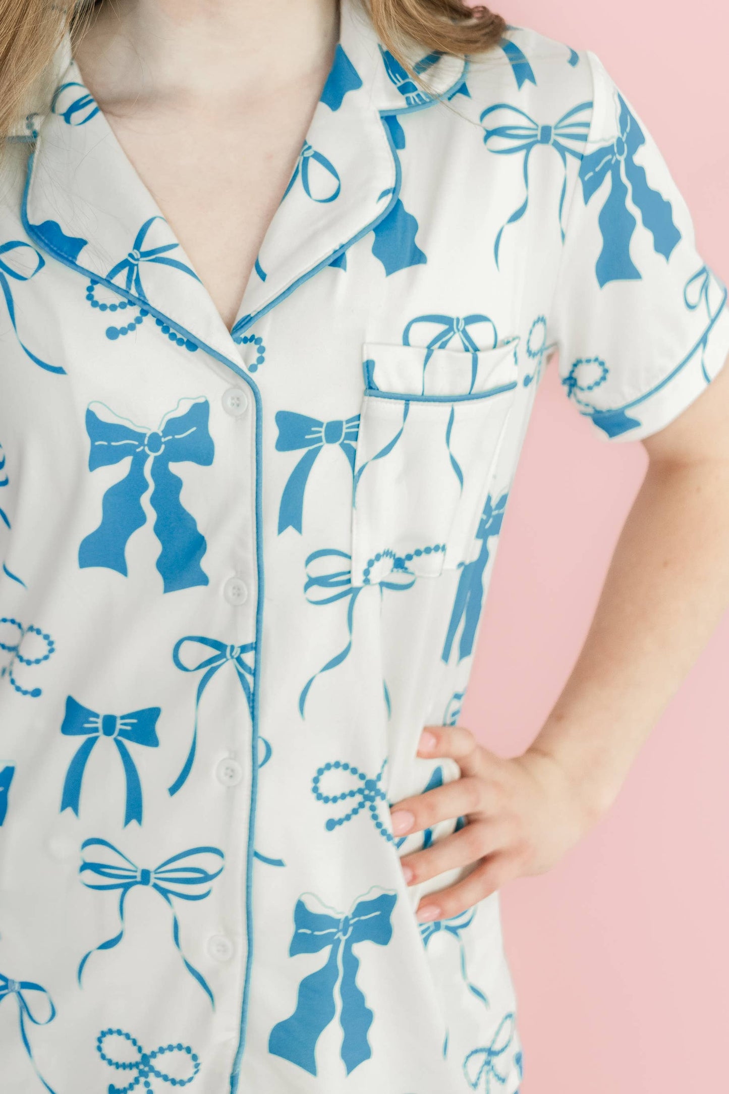 Blue and Cream Bows Short Sleeve Loungewear Pajama Set