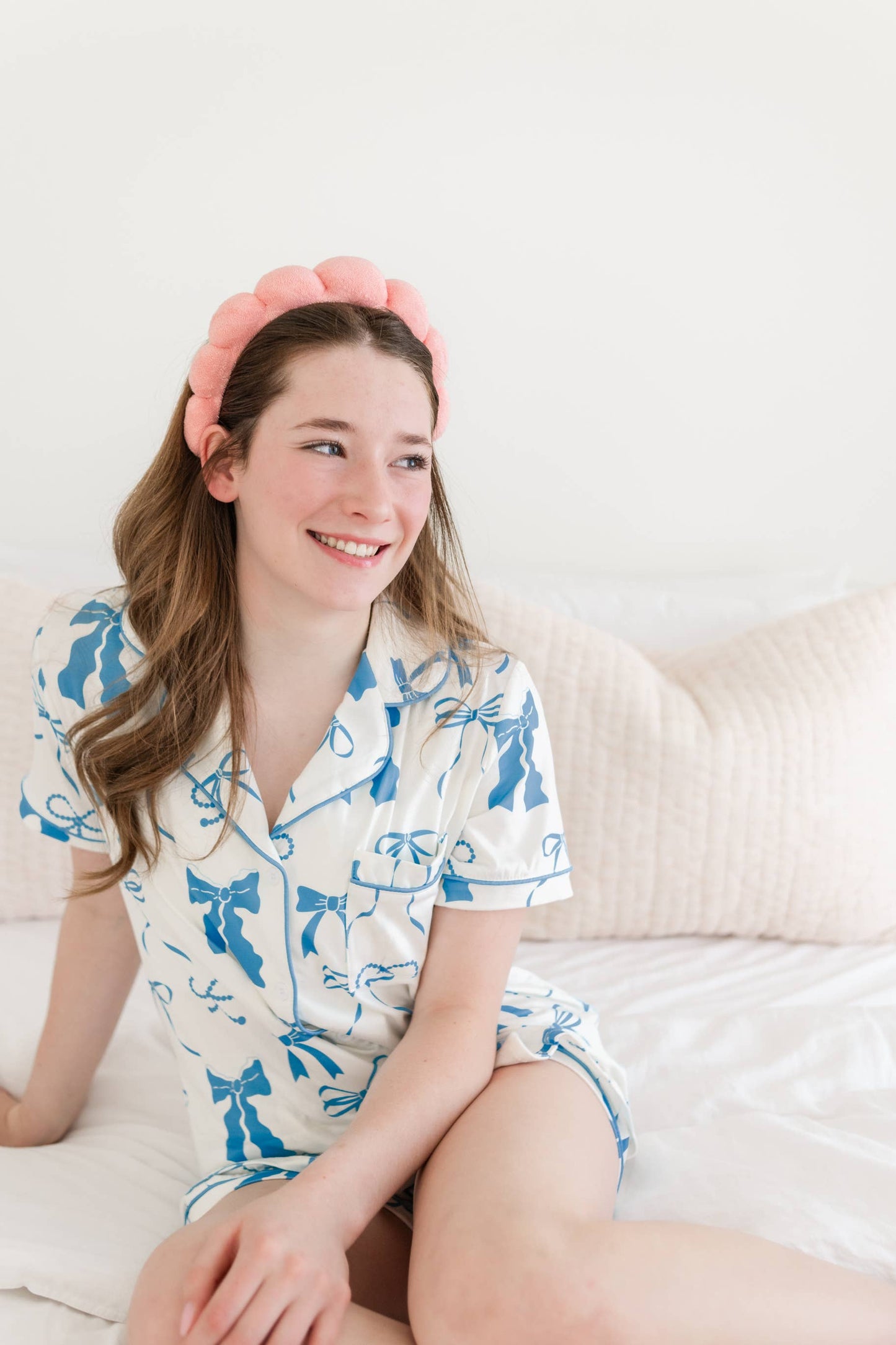 Blue and Cream Bows Short Sleeve Loungewear Pajama Set