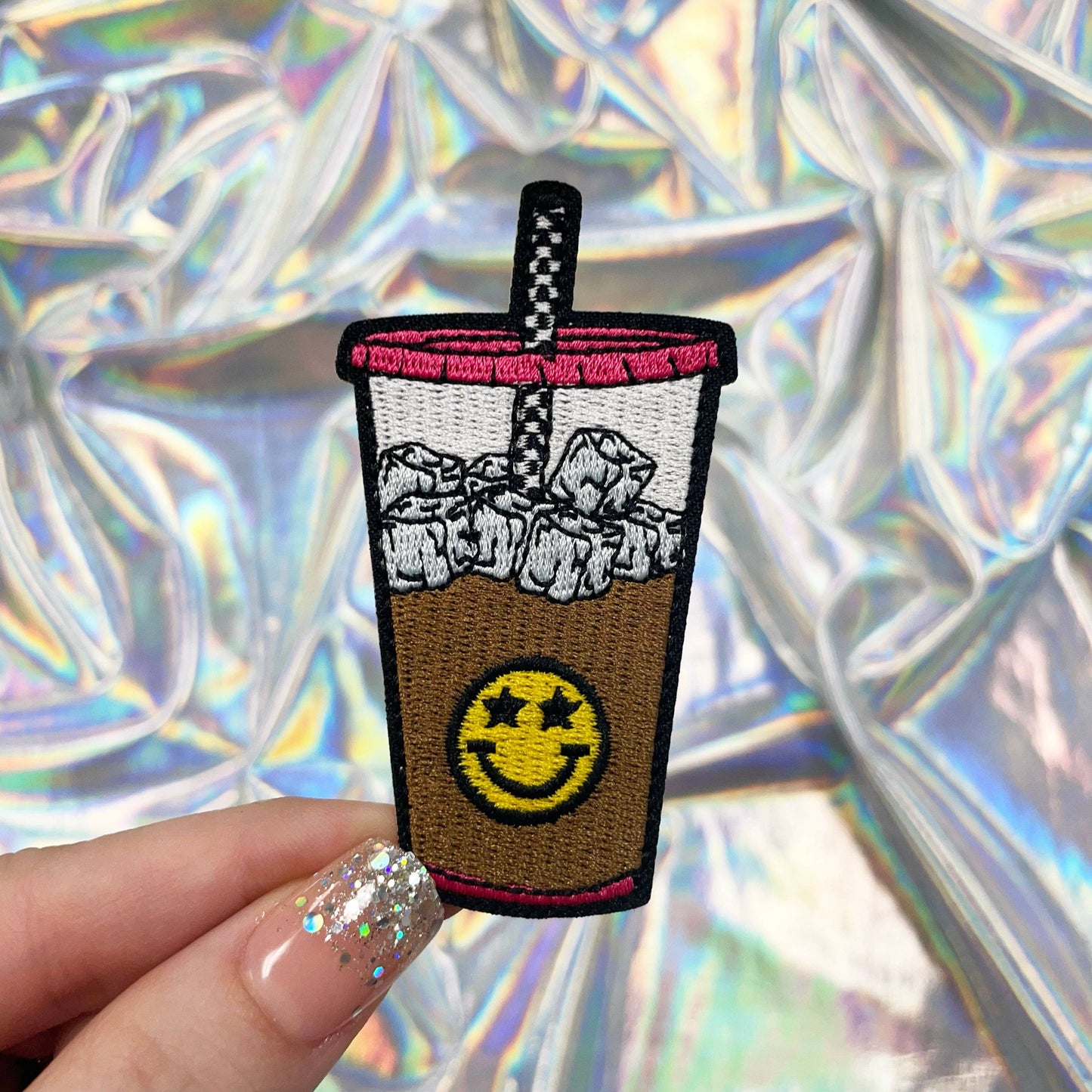 Iced Coffee with Checkered Straw Embroidered Patch Iron-On for Hats