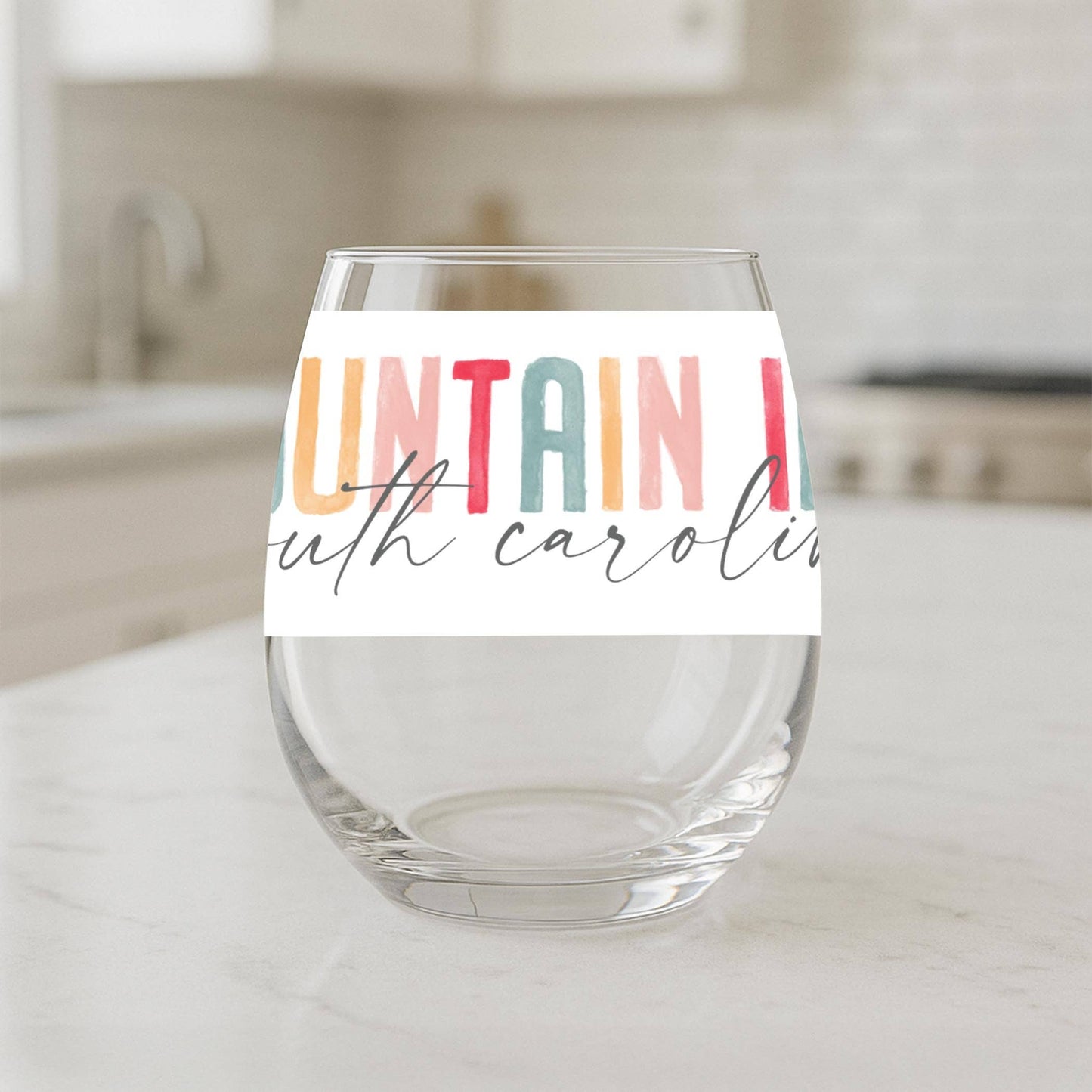 15oz Stemless Wine Glass-Watercolor City Fountain Inn South Carolina