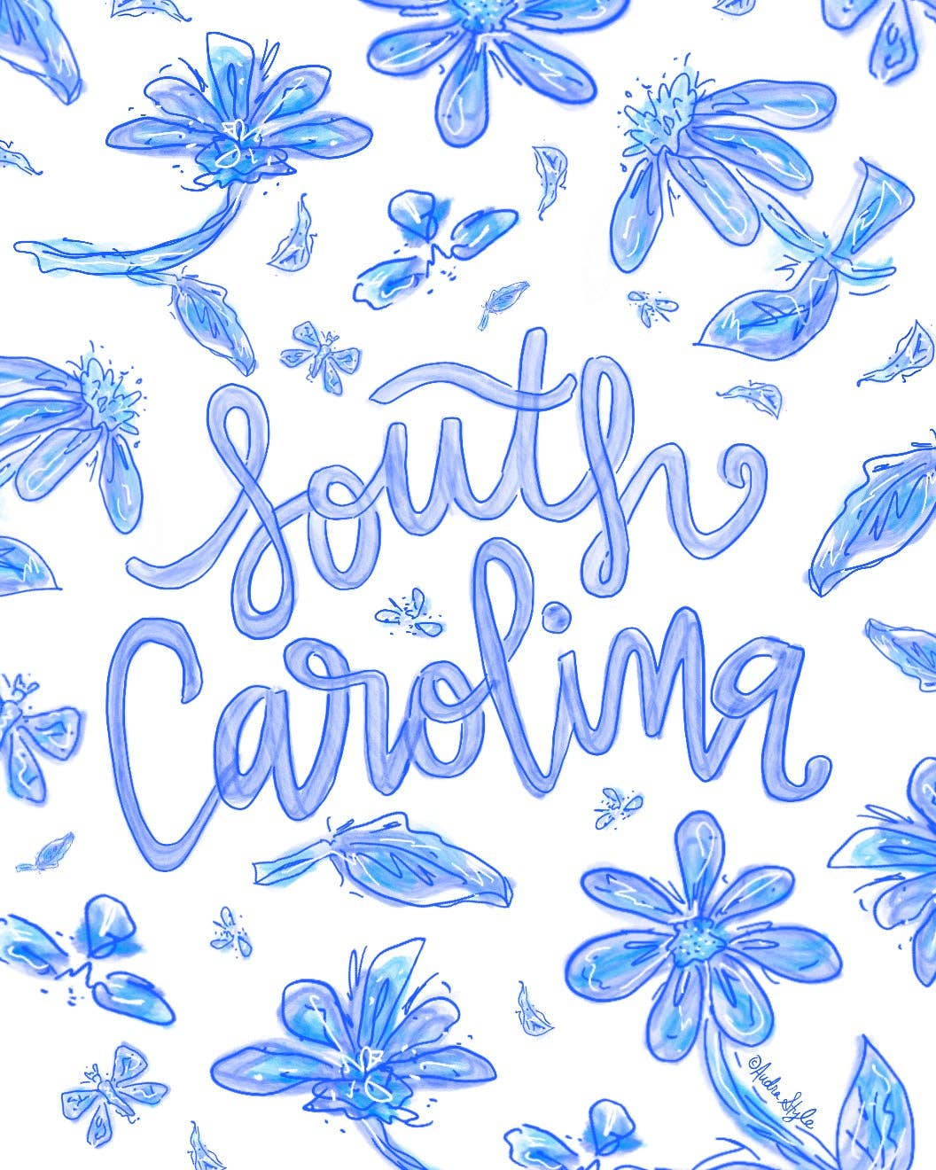 Blue and White South Carolina Floral Print on Paper or Canvas