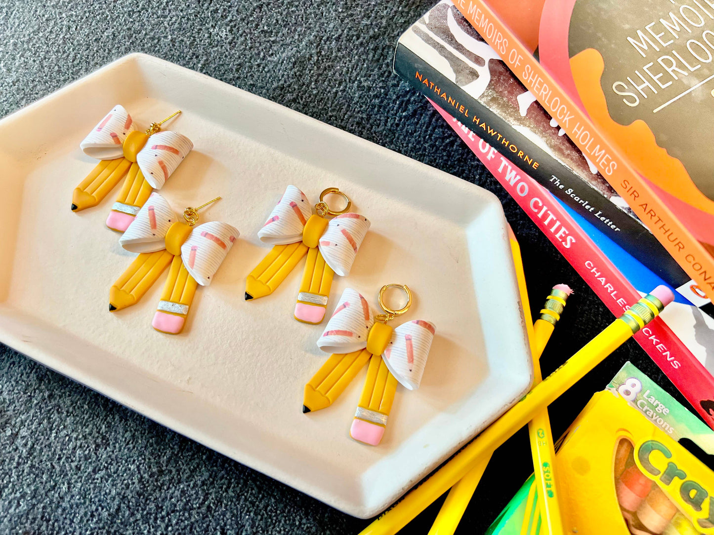 Pencil Bow Earrings, Bow Clay Earrings, Pencil Clay Earrings