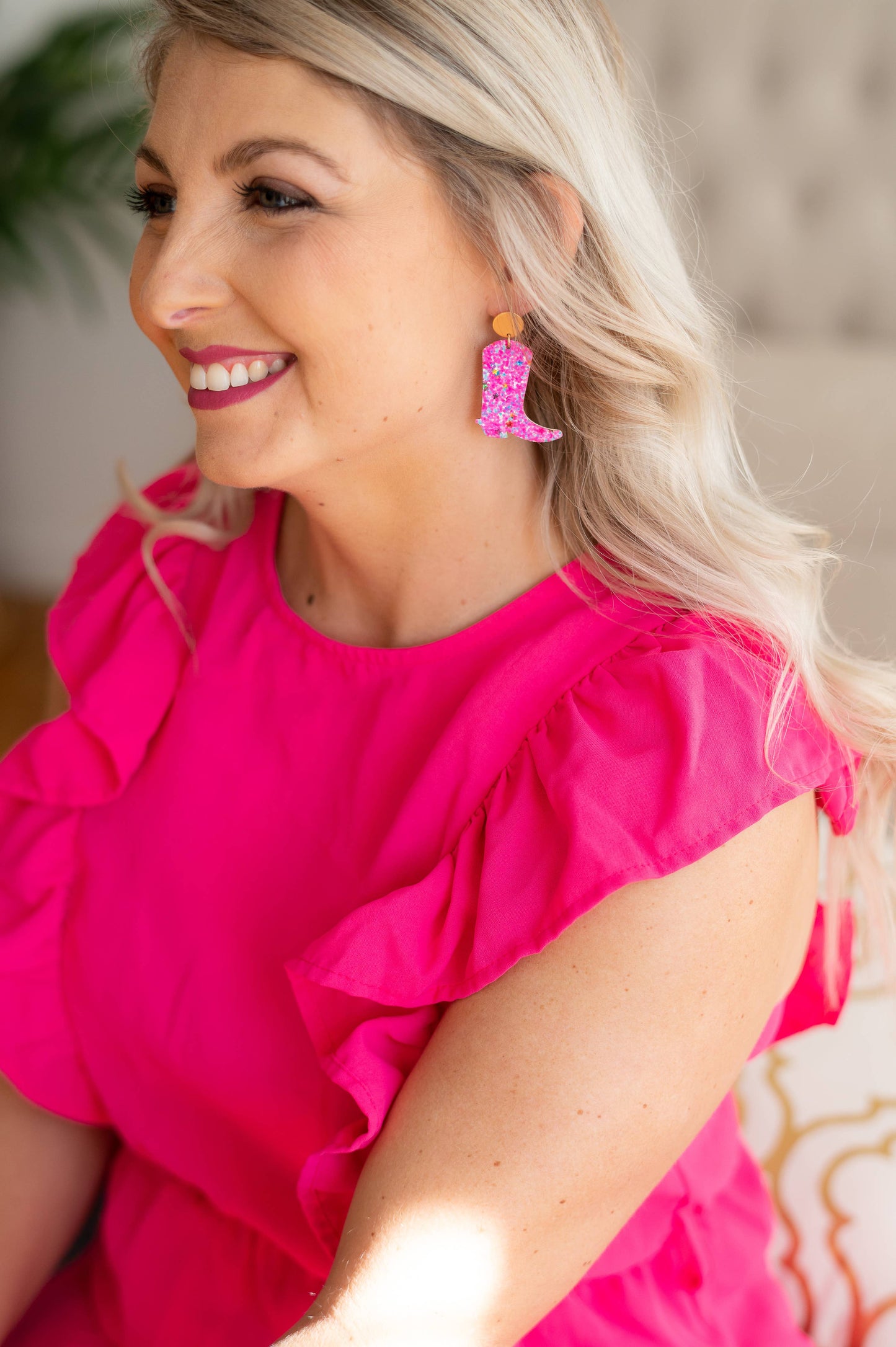 Pink Glitter Jolene Boot Earrings