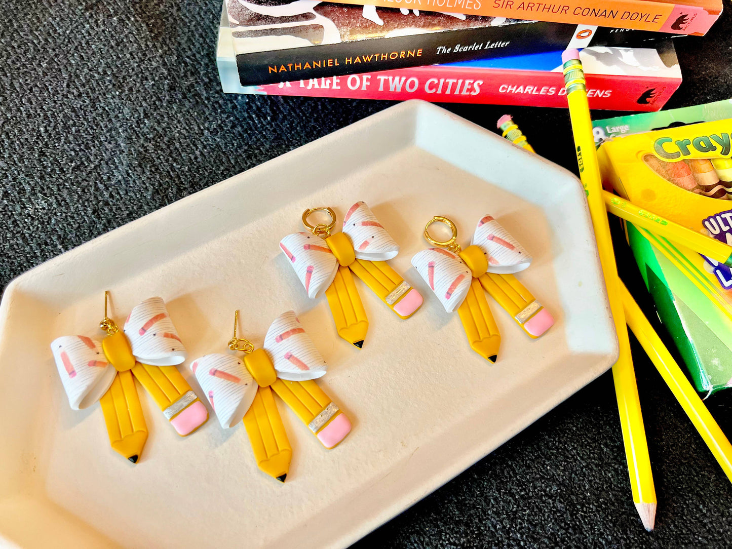 Pencil Bow Earrings, Bow Clay Earrings, Pencil Clay Earrings