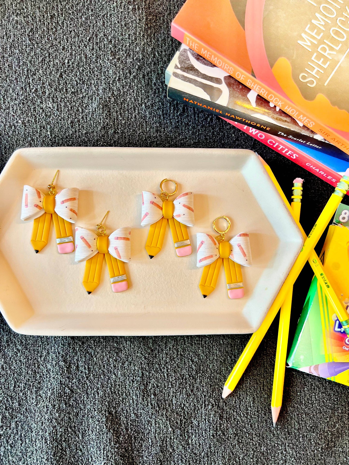 Pencil Bow Earrings, Bow Clay Earrings, Pencil Clay Earrings