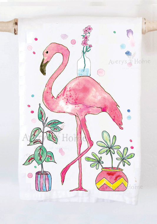 Happy Flamingo With Plants Tea Towel