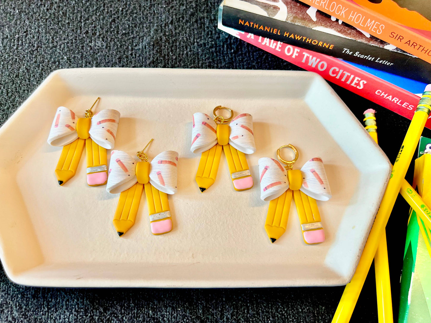 Pencil Bow Earrings, Bow Clay Earrings, Pencil Clay Earrings