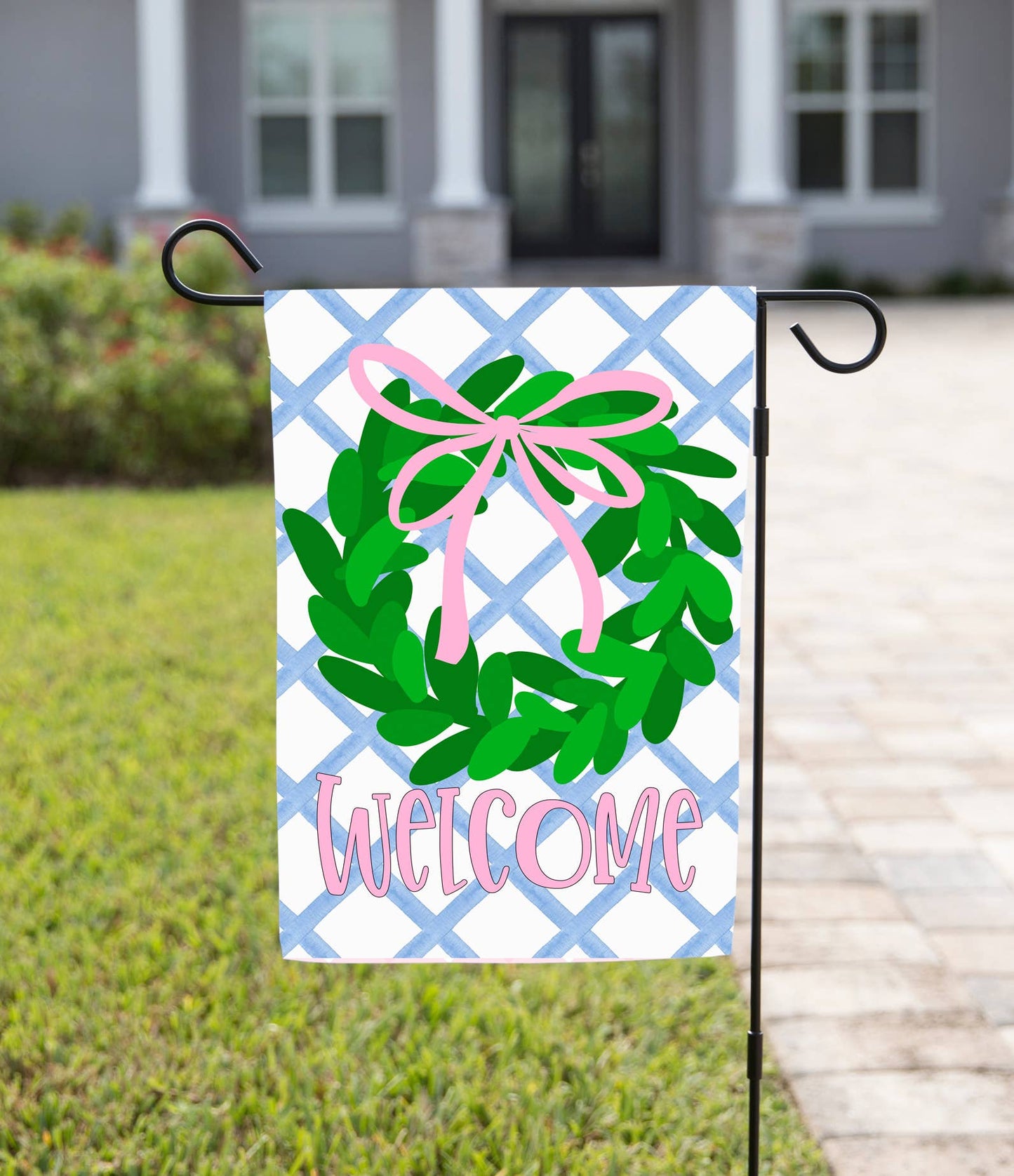 Spring Garden Flag - Blue Plaid Wreath