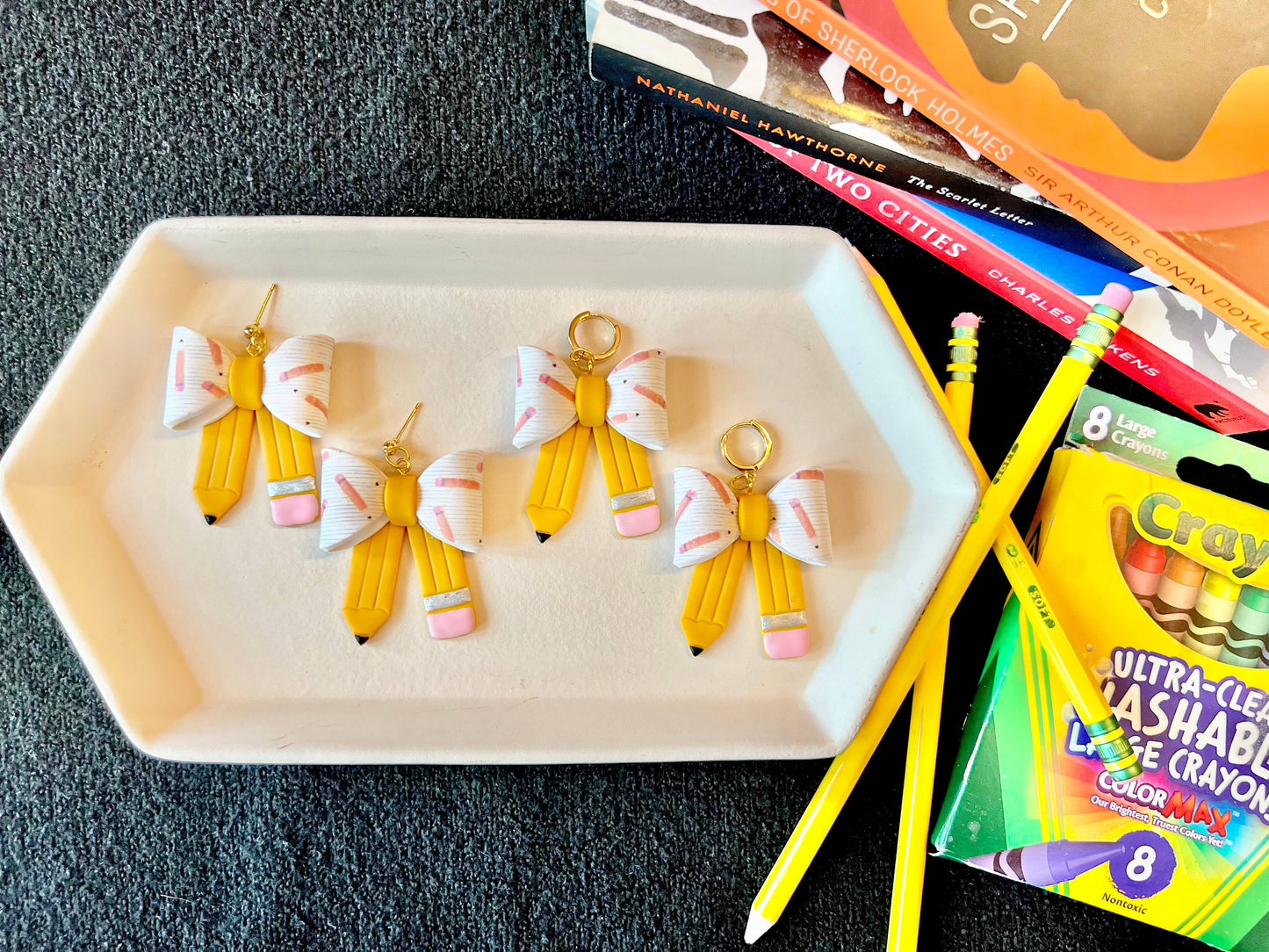Pencil Bow Earrings, Bow Clay Earrings, Pencil Clay Earrings