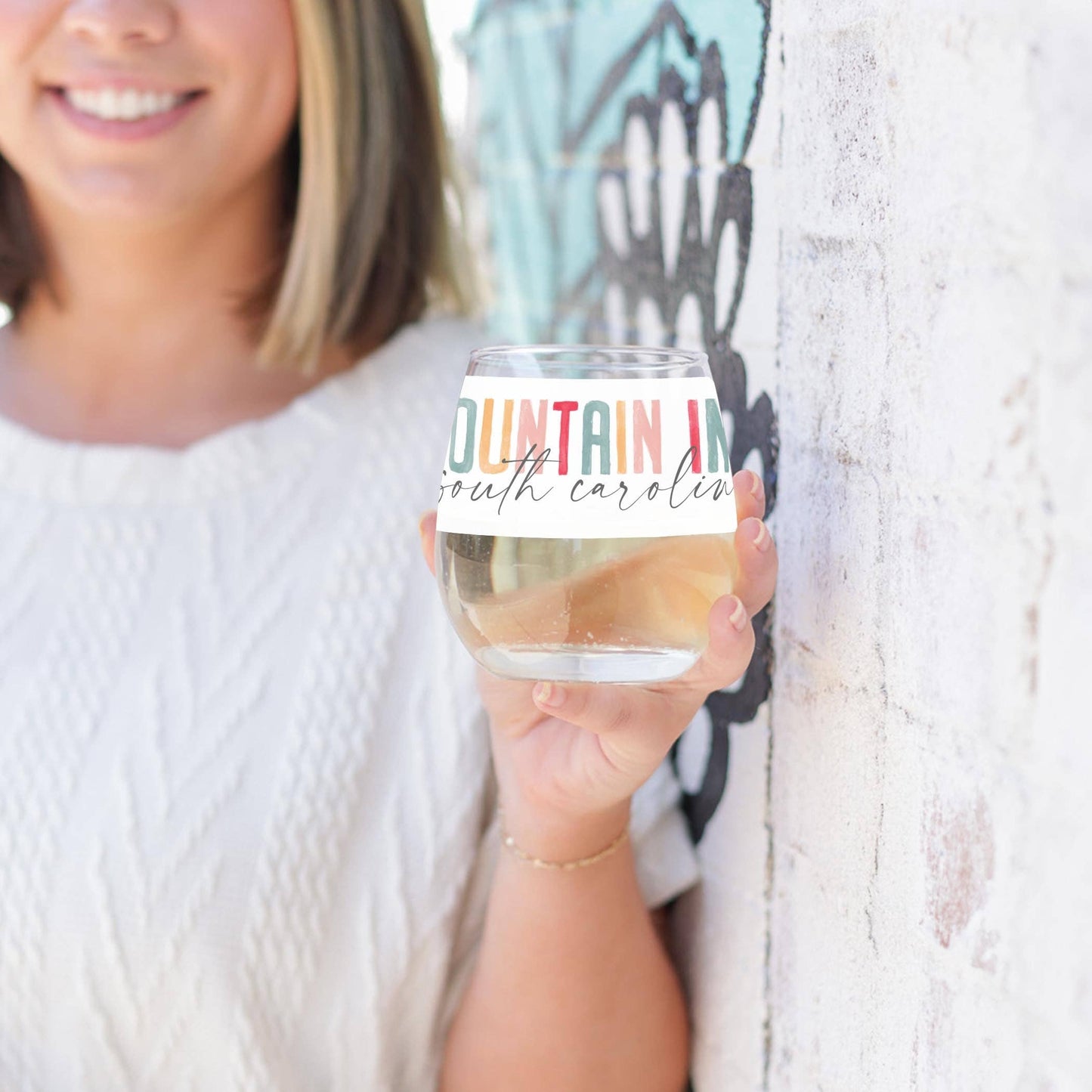 15oz Stemless Wine Glass-Watercolor City Fountain Inn South Carolina
