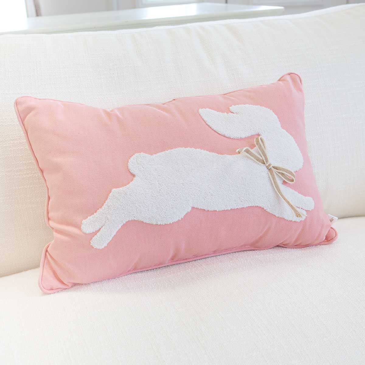 Leaping Bunny Embroidered Lumbar Pillow   Light Pink/White   13x20