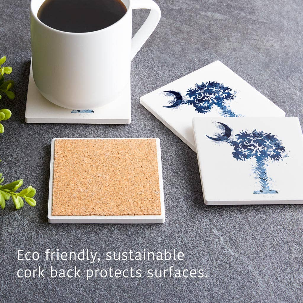 South Carolina Blue Water Color Palm|Square Coasters Set 4