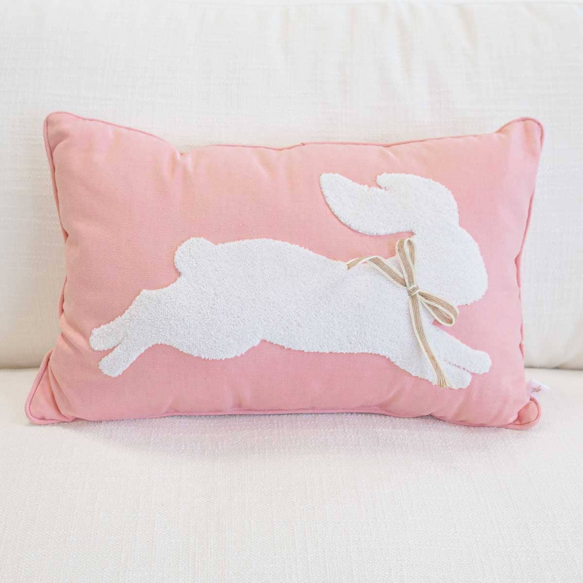 Leaping Bunny Embroidered Lumbar Pillow   Light Pink/White   13x20
