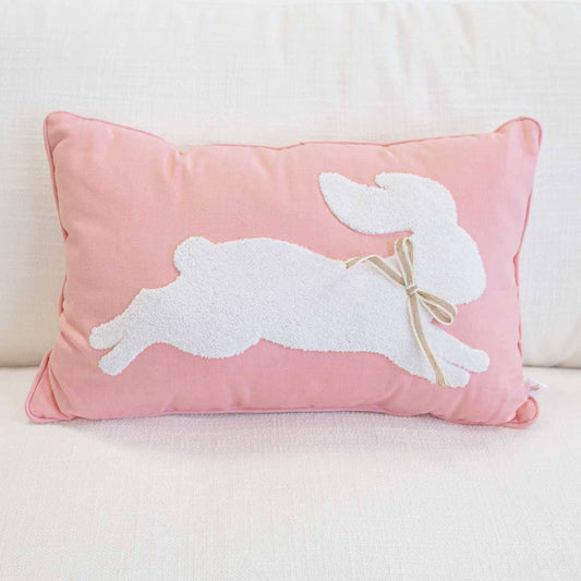 Leaping Bunny Embroidered Lumbar Pillow   Light Pink/White   13x20