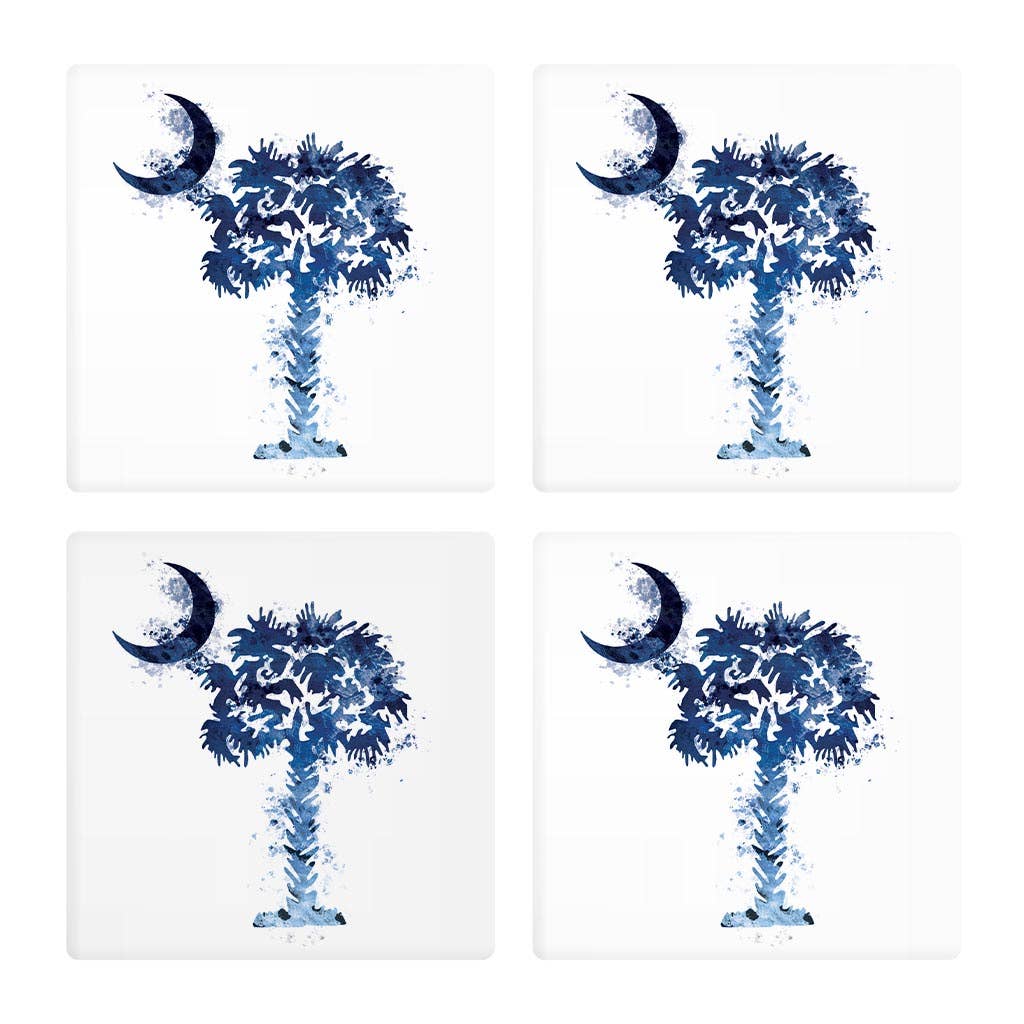 South Carolina Blue Water Color Palm|Square Coasters Set 4