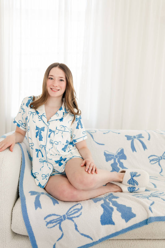 Blue and Cream Bows Short Sleeve Loungewear Pajama Set