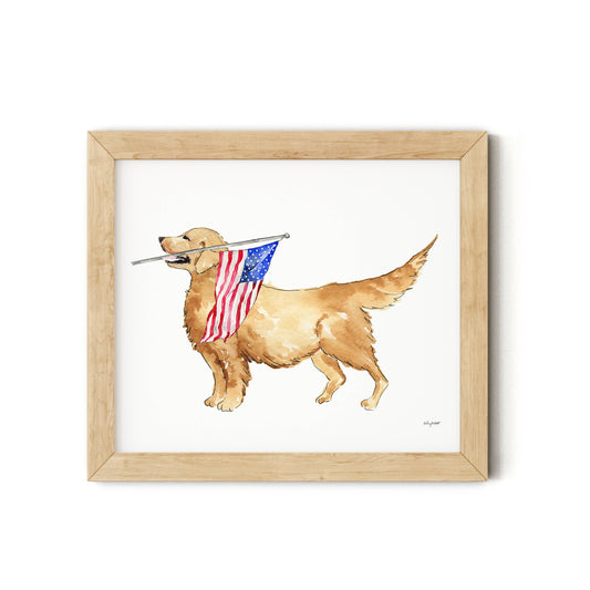 Watercolor 4th of July American Flag - Golden Dog  Wall Art