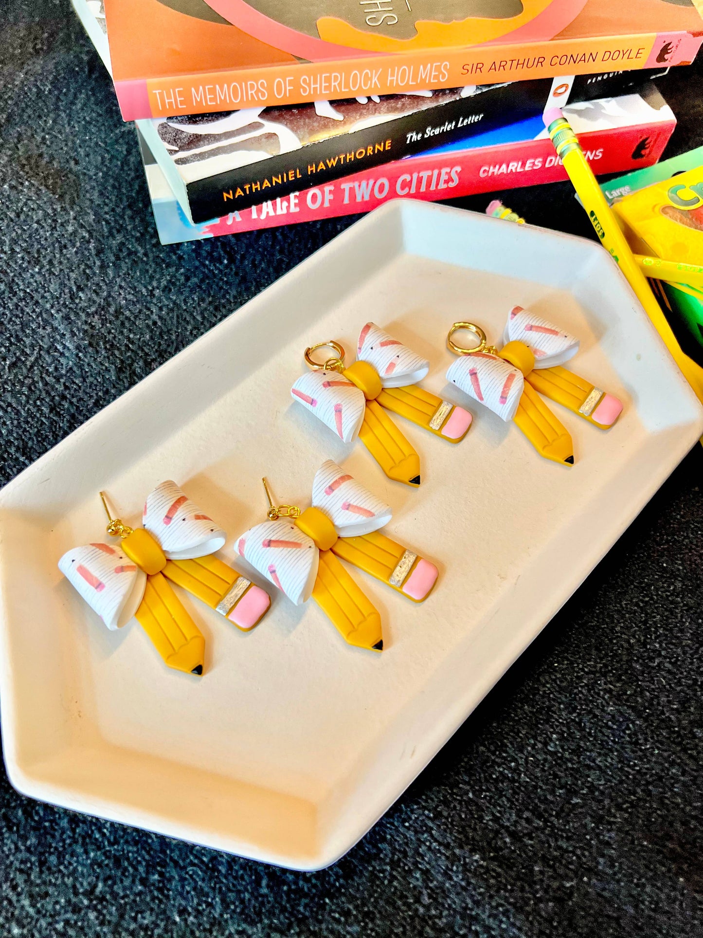 Pencil Bow Earrings, Bow Clay Earrings, Pencil Clay Earrings