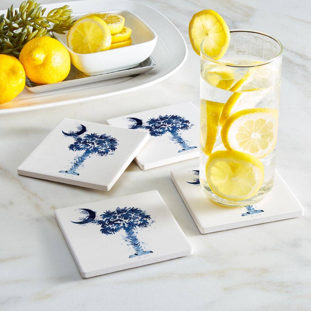 South Carolina Blue Water Color Palm|Square Coasters Set 4